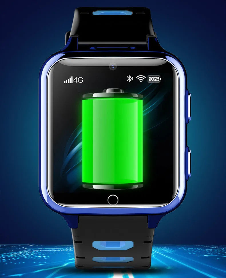 Children's smart watch with colourful silicone strap on a wrist, showing a 1.54-inch screen.