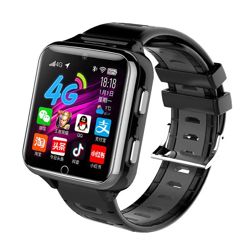 Children's smart watch with colourful silicone strap on a wrist, showing a 1.54-inch screen.