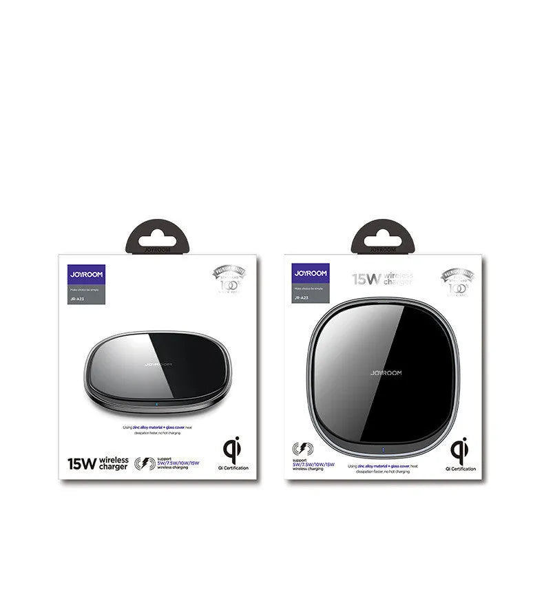 Black or white 15W Qi wireless phone charger with zinc alloy body and glass top.