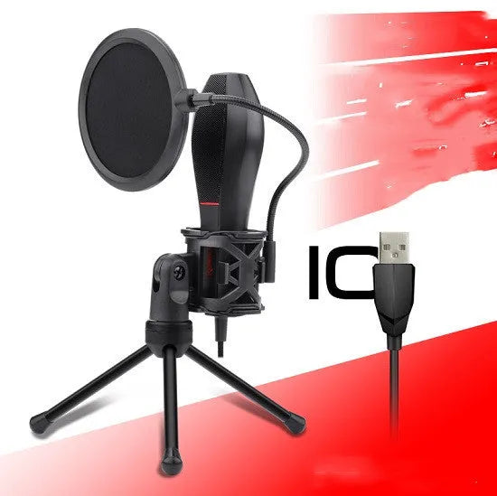 Black live broadcast microphone with USB cable for gaming and streaming vocal capture