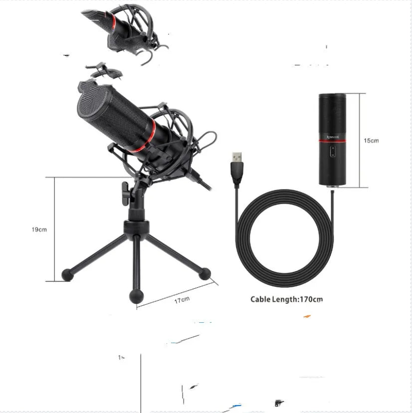 Black live broadcast microphone with USB cable for gaming and streaming vocal capture