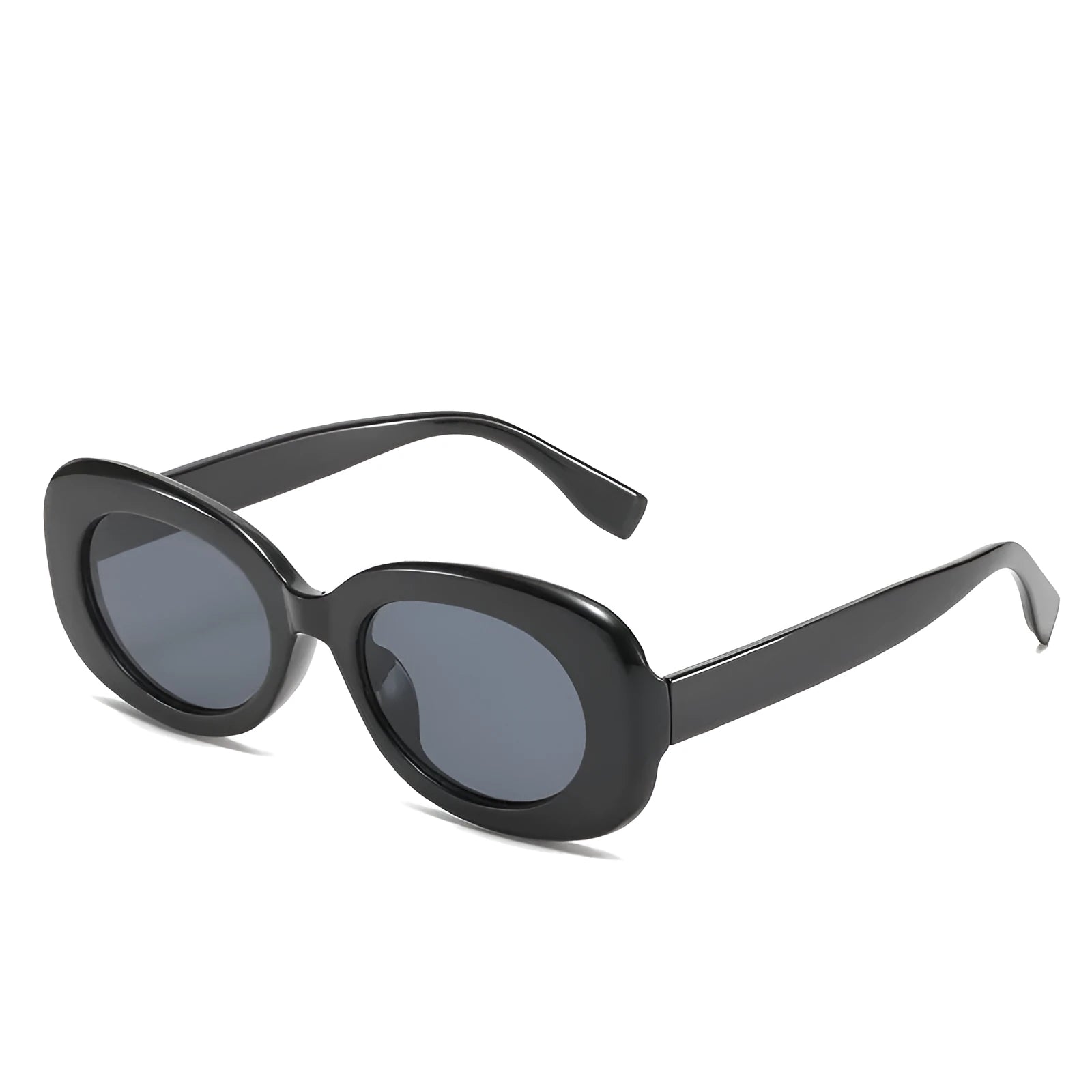 Oval fashion sunglasses for women with black PC frame and UV400 AC lenses