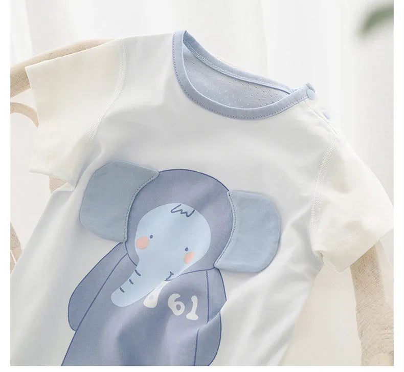 Summer baby onesie in clear water blue with short sleeves and cartoon print