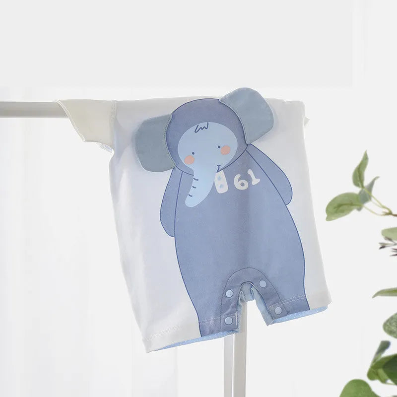 Summer baby onesie in clear water blue with short sleeves and cartoon print