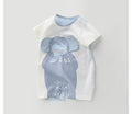 Summer baby onesie in clear water blue with short sleeves and cartoon print