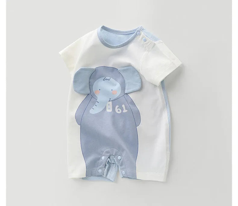 Summer baby onesie in clear water blue with short sleeves and cartoon print