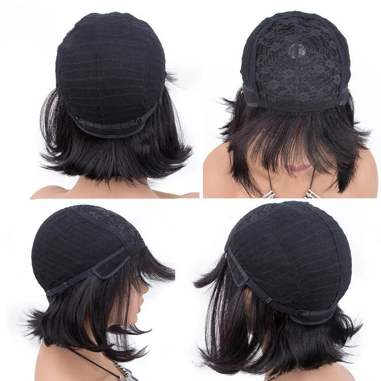 Human hair wig for black women in natural black colour with 10 inch medium length style