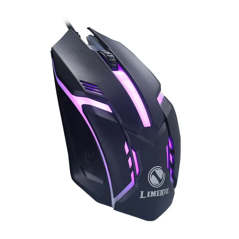 Wired LED computer mouse with glowing effects in black or white, showing 120mm size and USB cable