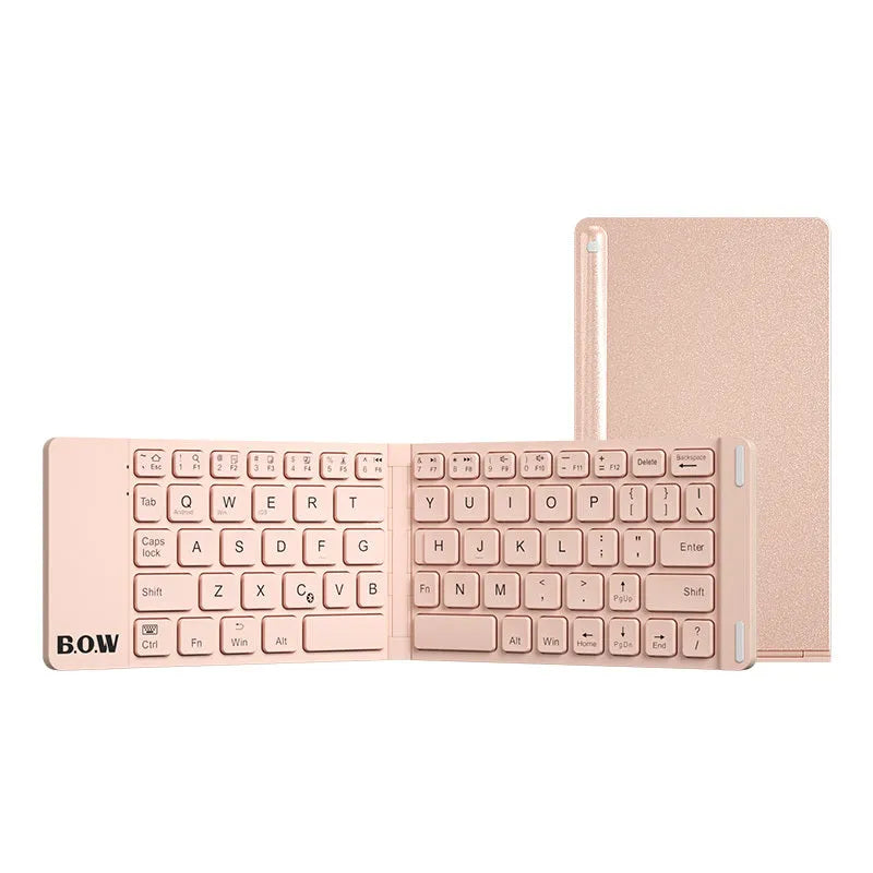 Folding Bluetooth keyboard and mouse set in elegant white, with full-sized keys and touchpad, folded for portability.