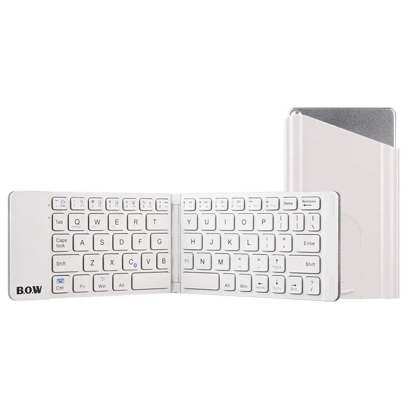 Folding Bluetooth keyboard and mouse set in elegant white, with full-sized keys and touchpad, folded for portability.