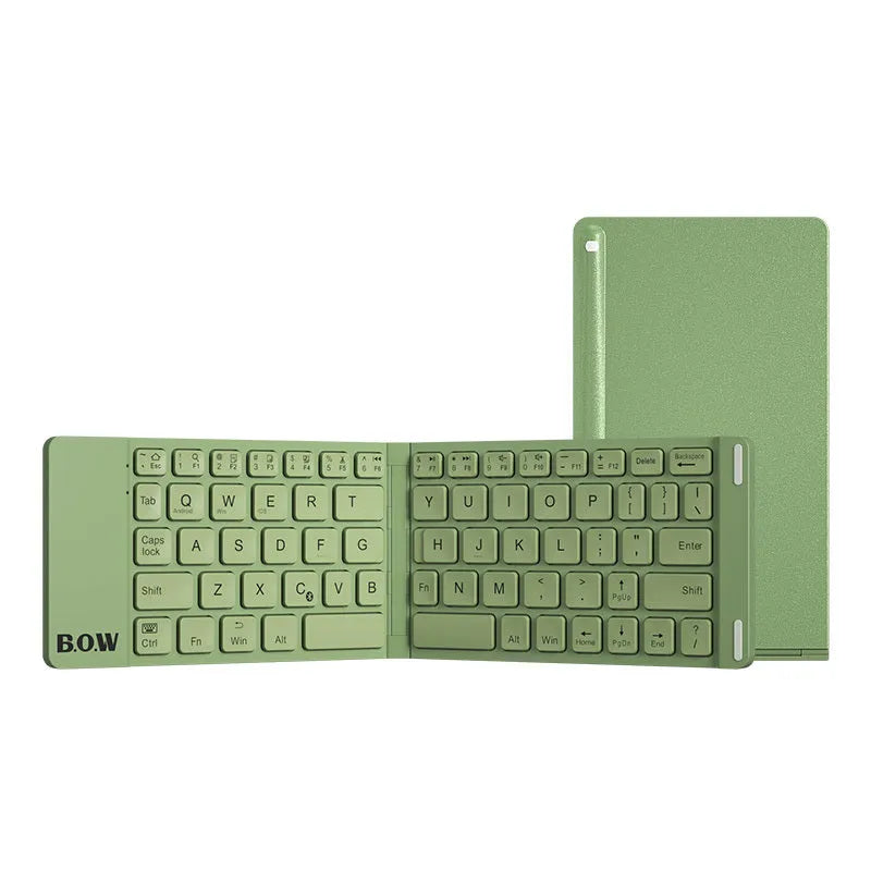 Folding Bluetooth keyboard and mouse set in elegant white, with full-sized keys and touchpad, folded for portability.