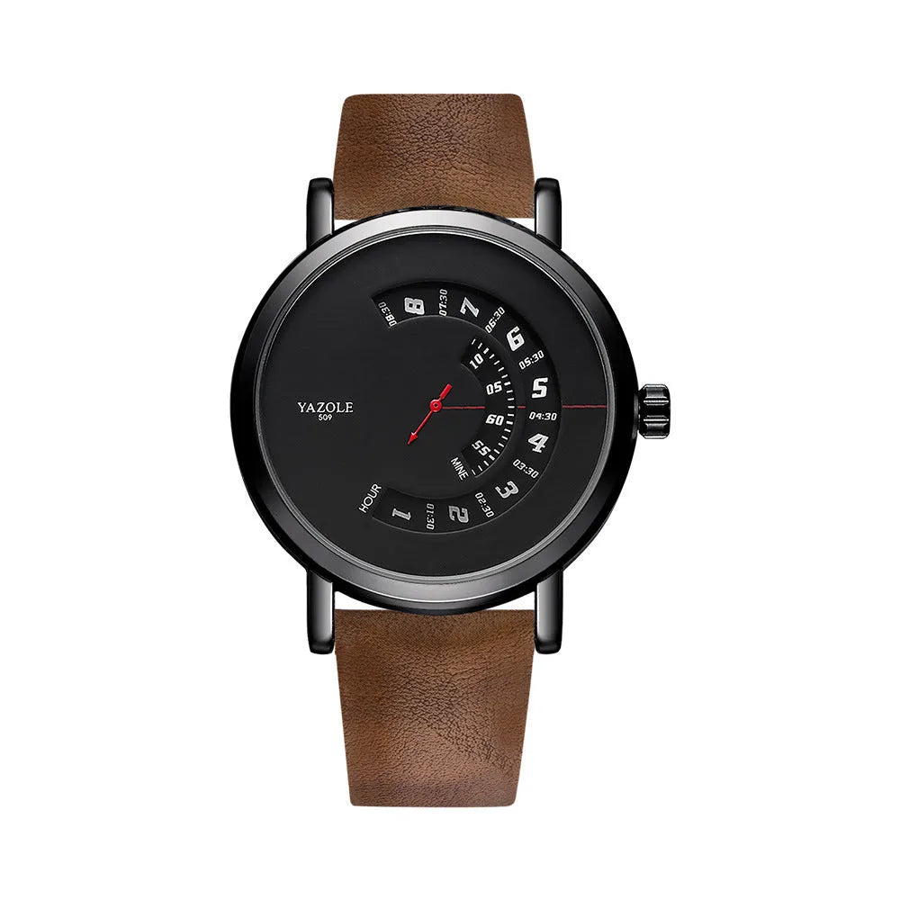 Men's turntable design waterproof quartz watch with metal case and mineral glass