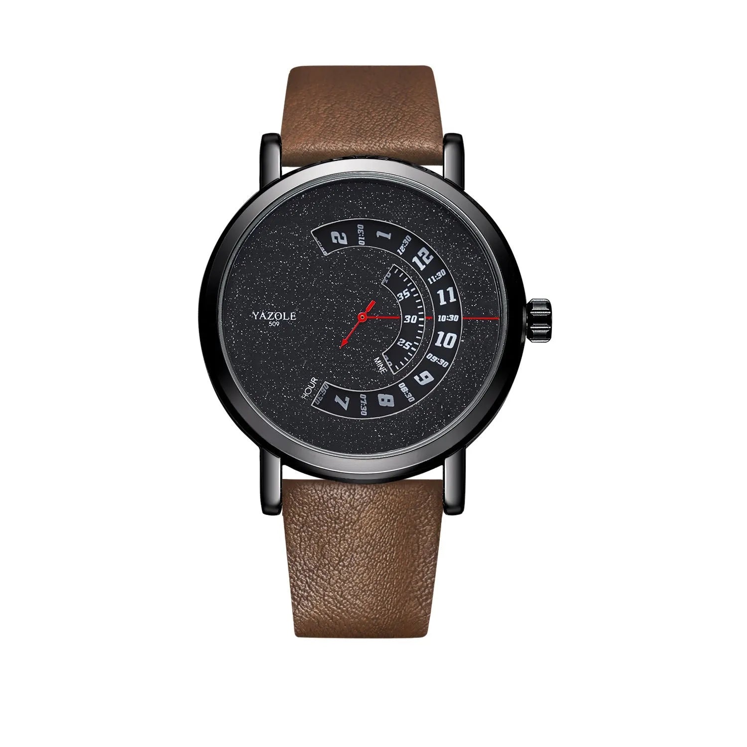 Men's turntable design waterproof quartz watch with metal case and mineral glass