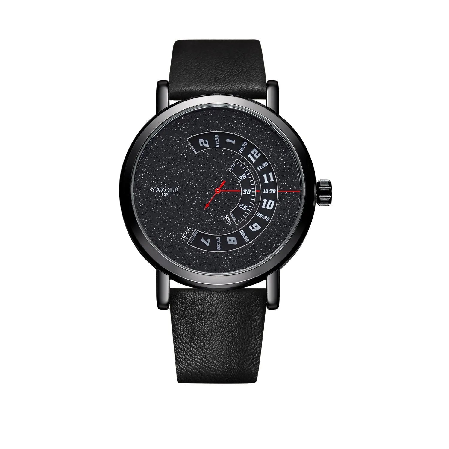 Men's turntable design waterproof quartz watch with metal case and mineral glass