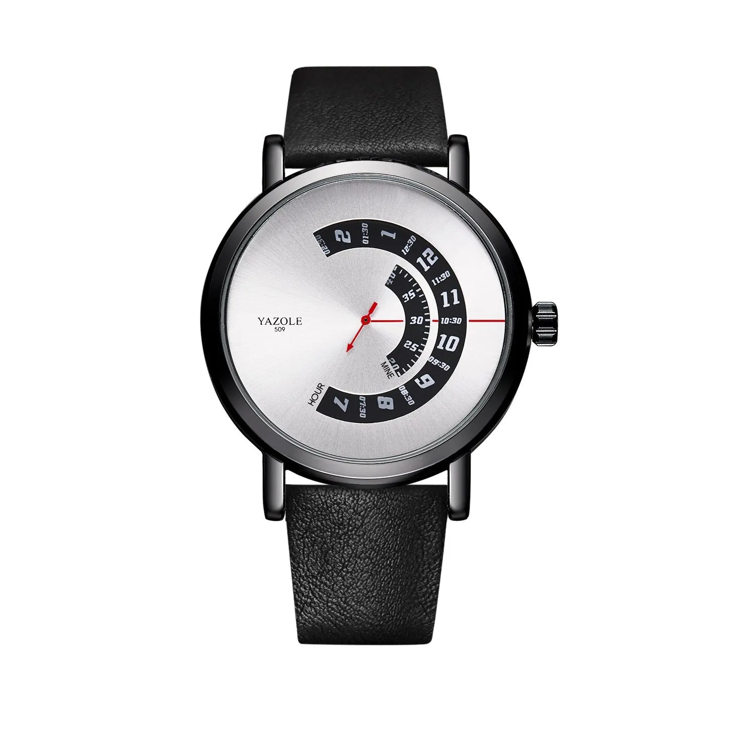 Men's turntable design waterproof quartz watch with metal case and mineral glass