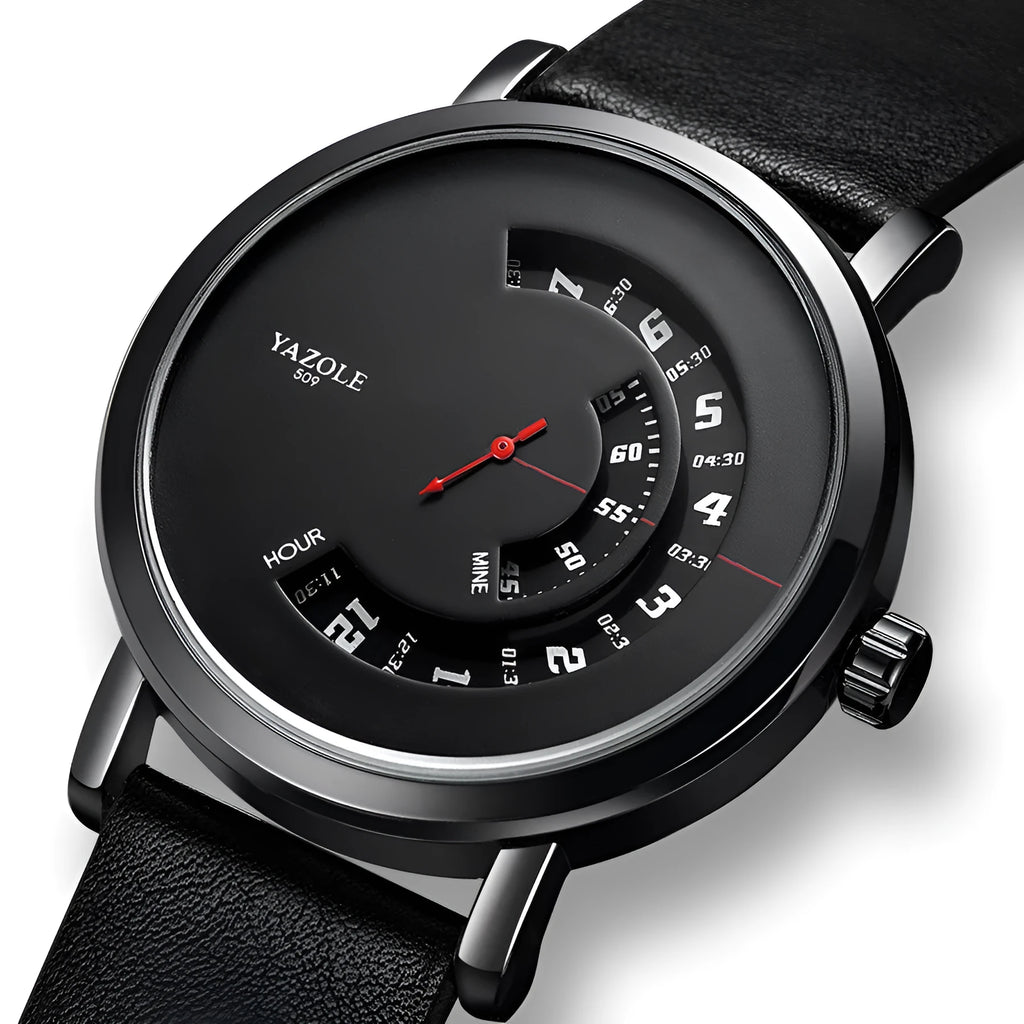 Men's turntable design waterproof quartz watch with metal case and mineral glass