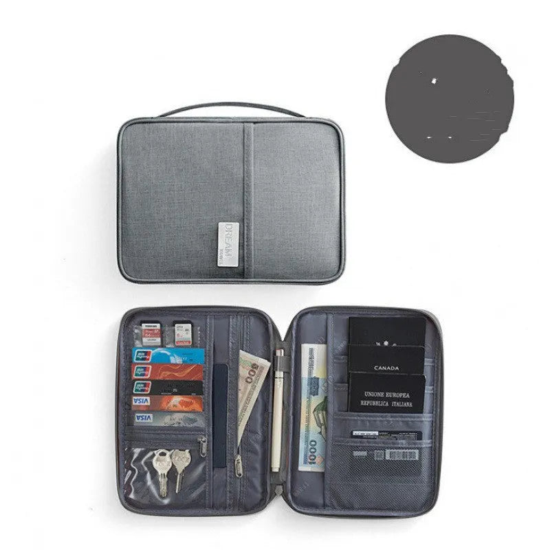 Waterproof cationic passport holder in blue, showing small and large size comparison.