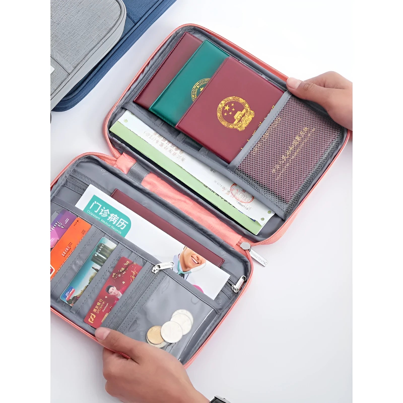 Waterproof cationic passport holder in blue, showing small and large size comparison.