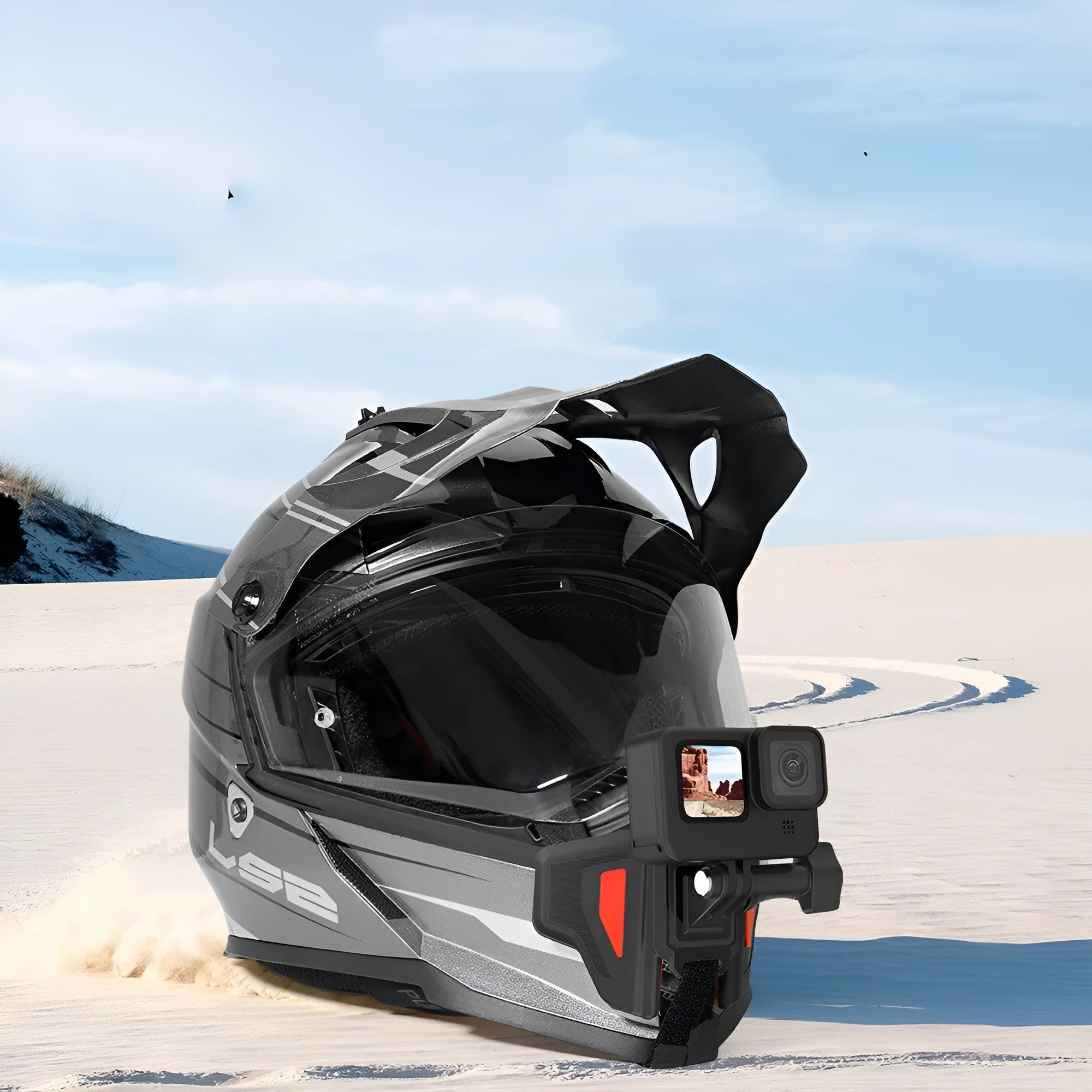 GoPro motorcycle helmet chin strap mount in black with universal sports camera compatibility