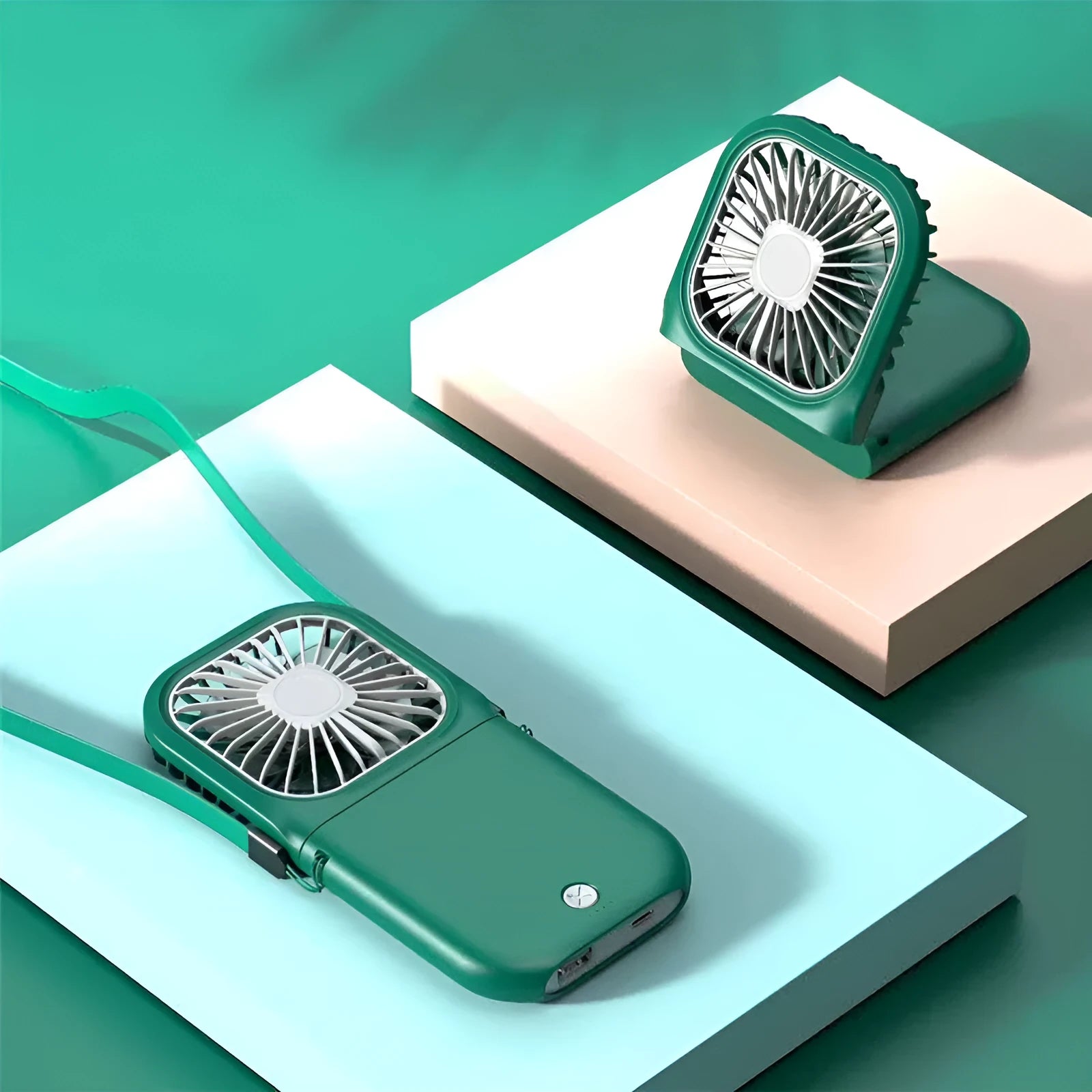 Hands-free neck-worn personal fan with dual vents in blue colour, showing USB charging port.