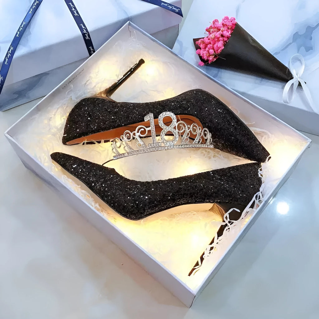 Women's silver and black PU leather stiletto wedding shoes with 7cm or 9cm heel options.