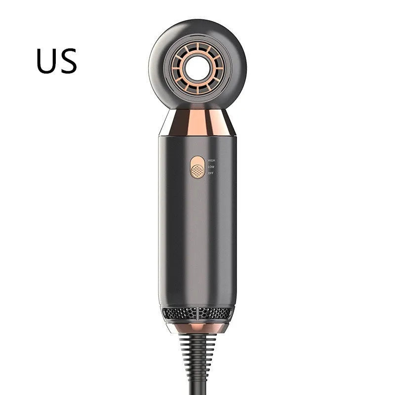 Leafless blower with a foldable handle and single nozzle, showing hot and cold air settings.