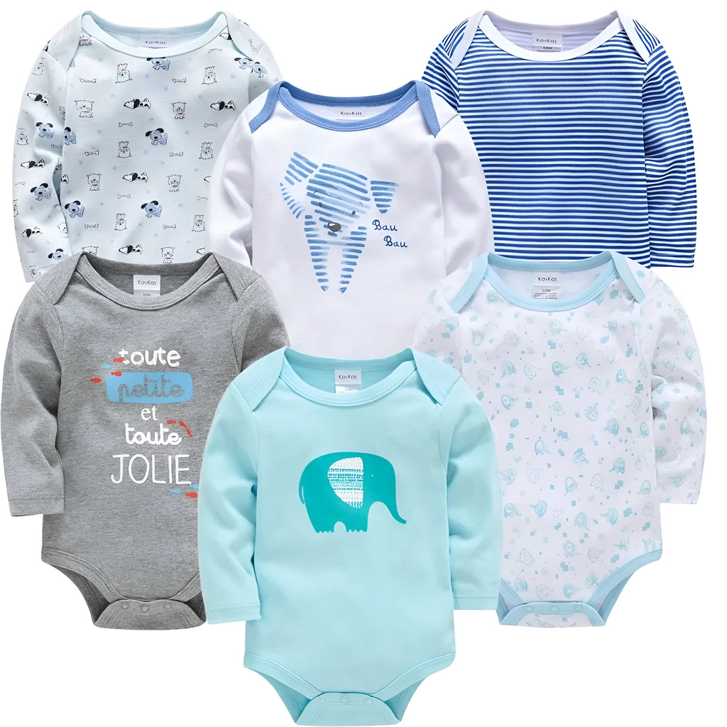 Cotton long sleeve baby jumpsuit with blue elephant print, available in sizes 3M to 24M