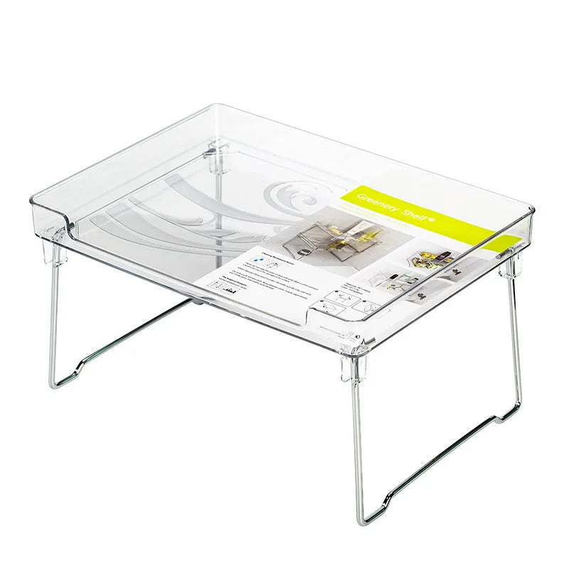White and transparent plastic kitchen shelf organiser rack for countertop or cupboard storage