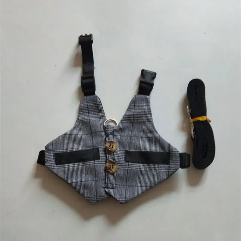 Grey cloth rabbit leash with dress in three sizes S M L chest strap