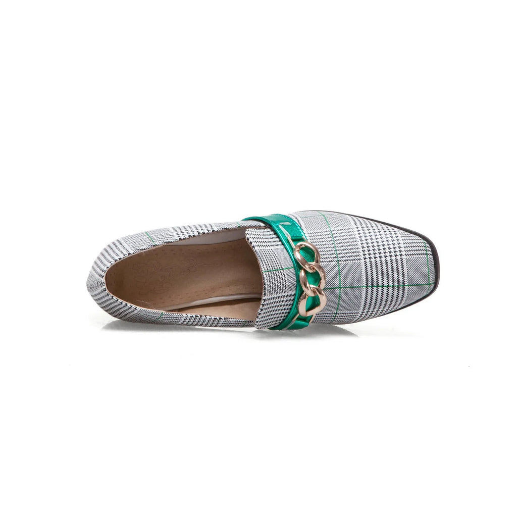 Women's metal decorative square toe slip-on shoes in green artificial PU with colour-matched metal detail