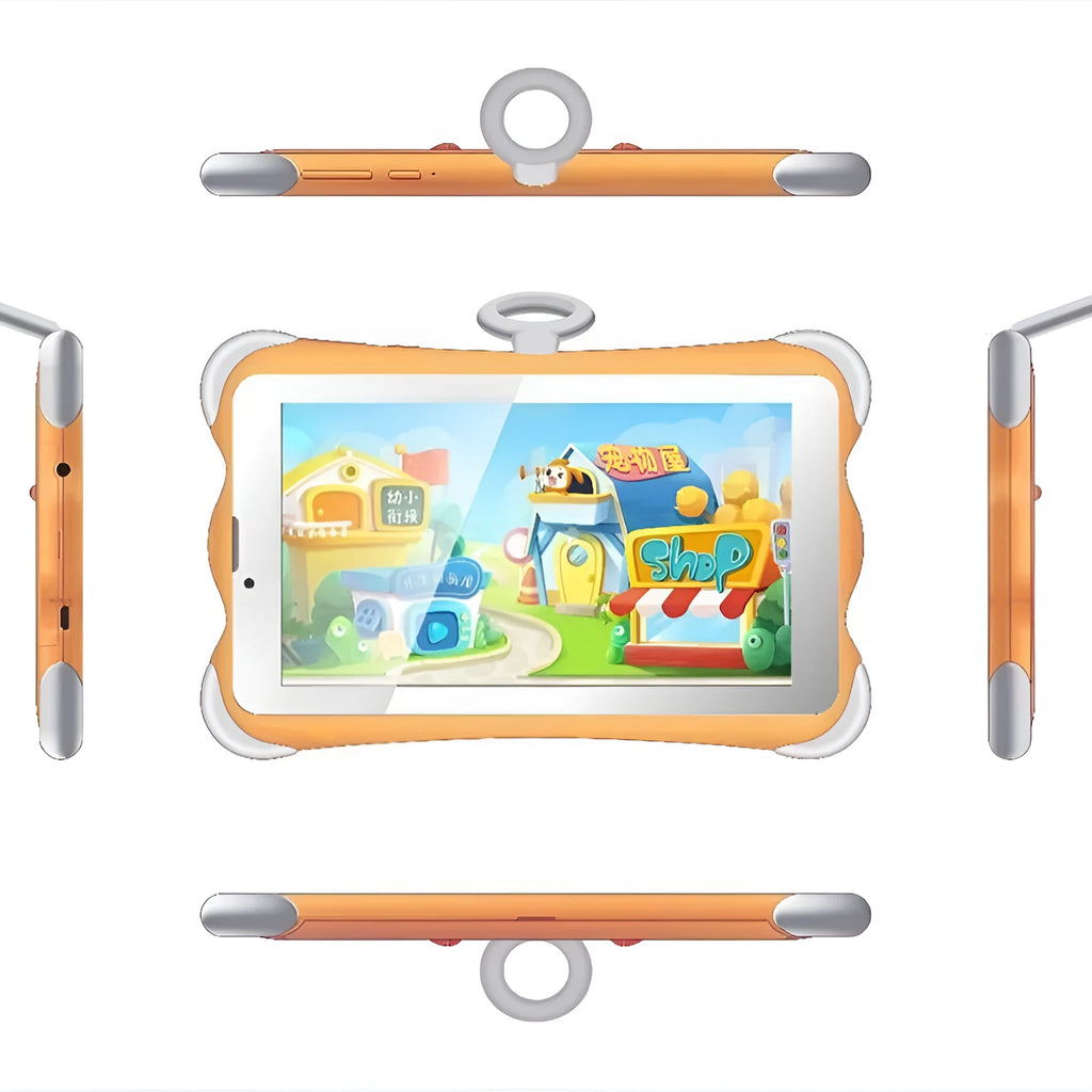 7-inch children's learning tablet in cartoon colours with integrated stand, showing 3G calling and Bluetooth features