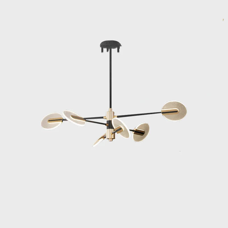 White iron frame LED chandelier with multiple acrylic shades hanging from ceiling