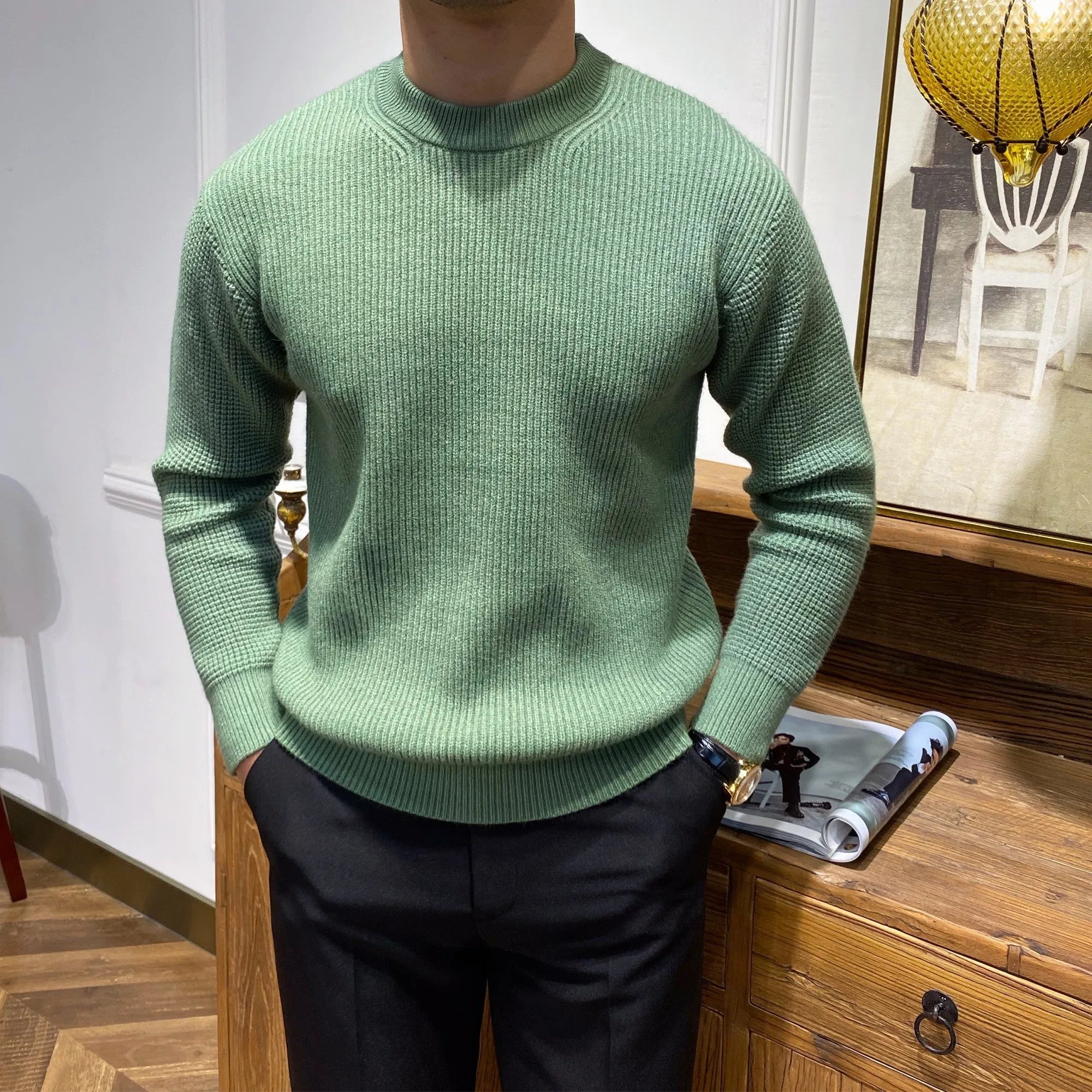 Men's warm knit sweater pullover in apricot, round neck, ribbed hem, acrylic blend, available in sizes M to 3XL