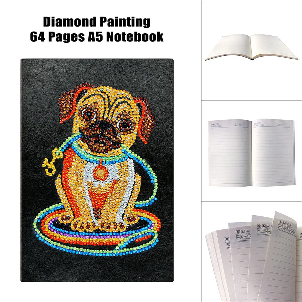 Black A5 diamond painting notebook, 142x207mm, with 50 blank pages open.