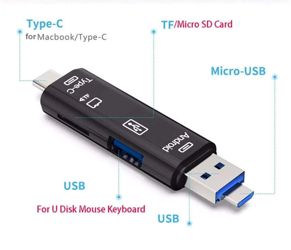 USB OTG hub adapter with Type-C, Micro USB ports and TF card reader in black