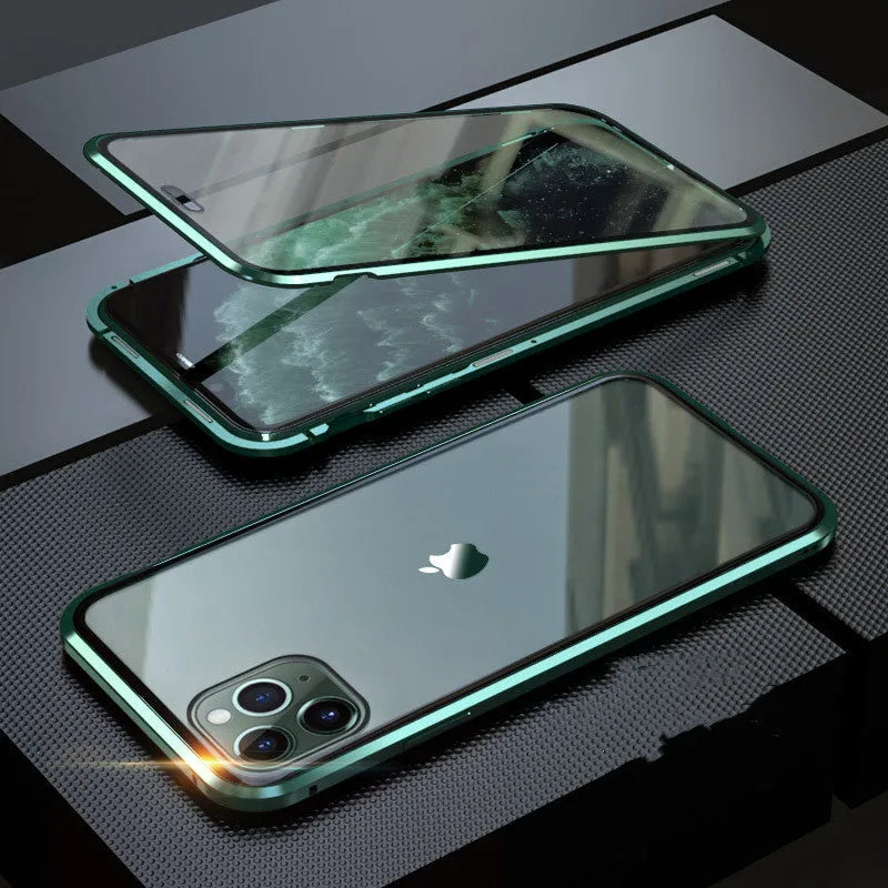 Black glass anti-spy clamshell privacy case for iPhone, shown open and closed.