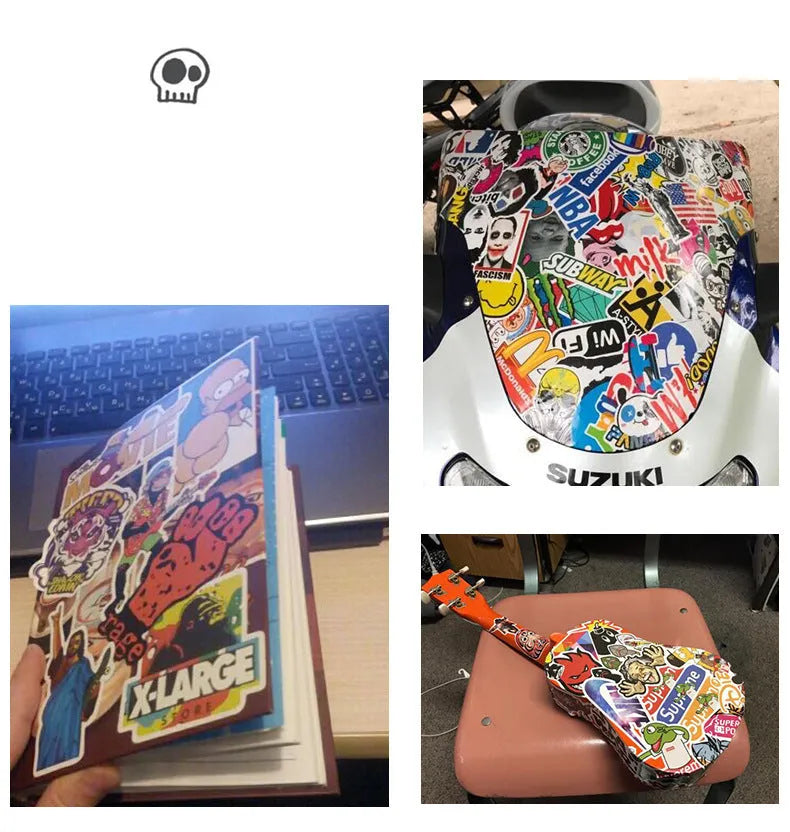 Set of 36 large retro-themed beach and surfing stickers on a sheet, ranging from 6 to 10 cm in size.