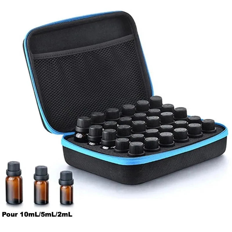 Red EVA essential oil storage bag with 30 open compartments for 15ml bottles.