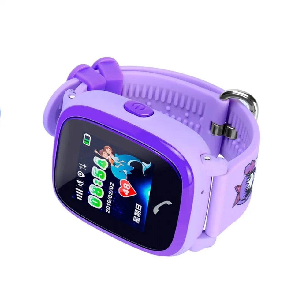 Blue DF25 children's waterproof smart watch with touch screen and silicone wristband on a wrist.