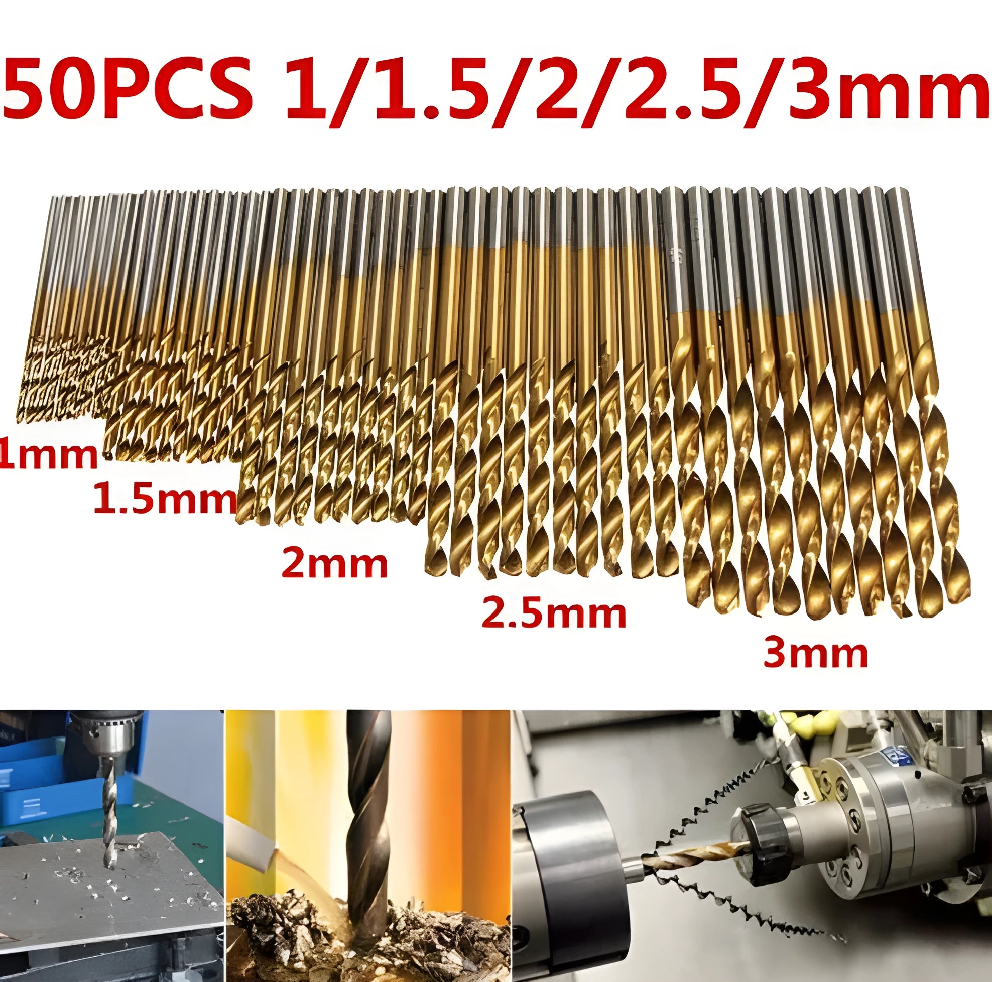 50-piece set of titanium-coated high-speed steel twist drill bits ranging from 1mm to 10mm.