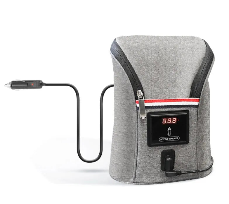 Grey Oxford cloth portable car USB baby bottle warmer with electronic display and carry handle
