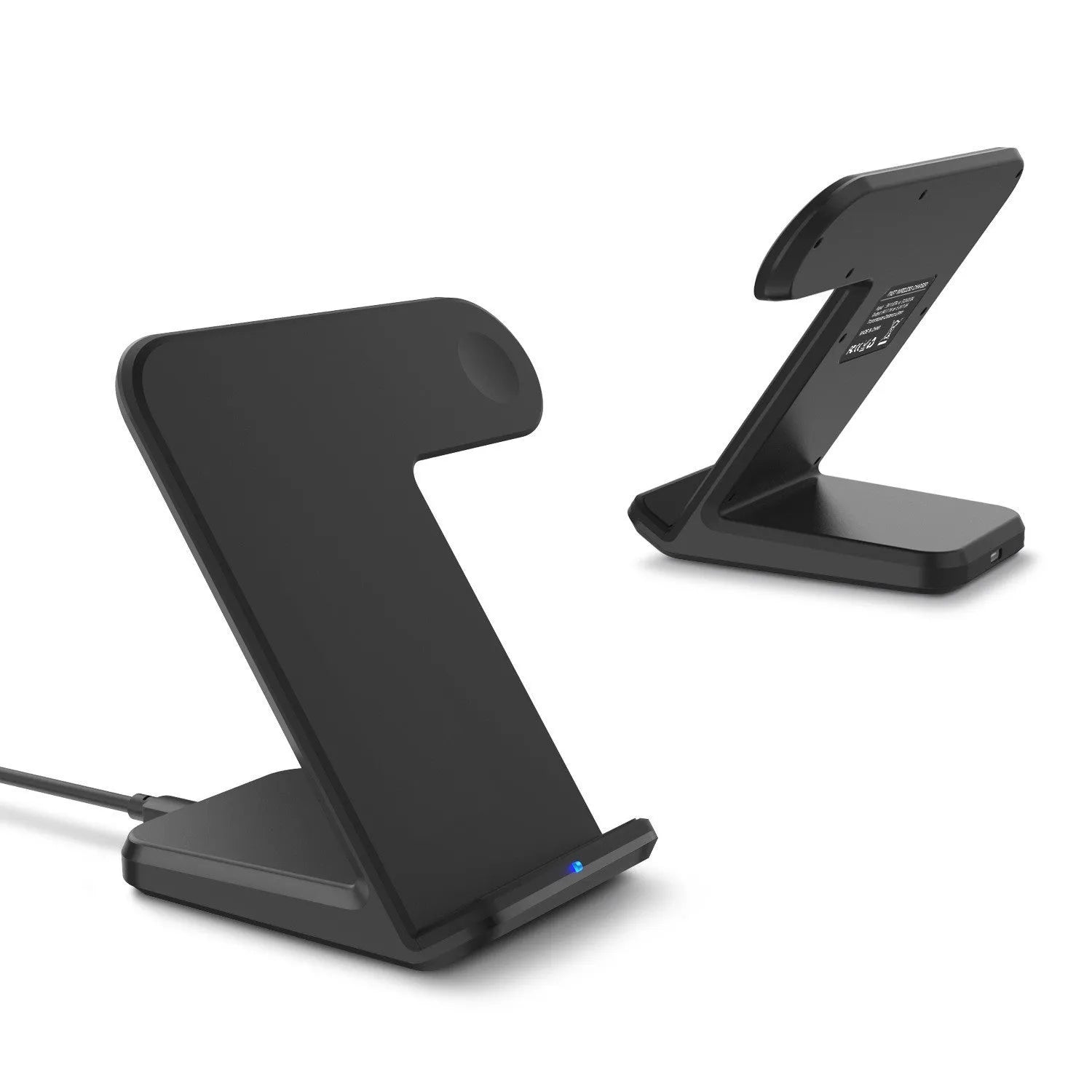 Black wireless charging station with dual coils and silicon pad for smartphones