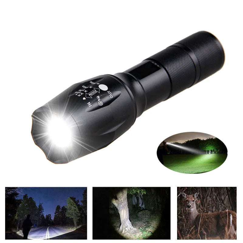 Black aluminum alloy zoom flashlight with adjustable head for focus, shown with beam reaching into distance.