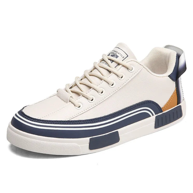 Men's casual canvas shoes with mesh panels in beige, white and green colours, flat heel design