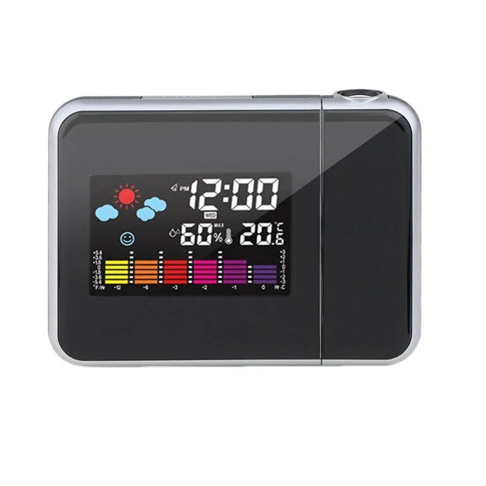 Black digital projection alarm clock with LED display showing temperature and humidity readings