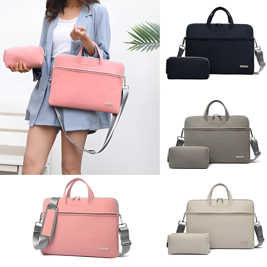 PU leather laptop bag in black with removable shoulder strap, fits 13.3 inch MacBook Air