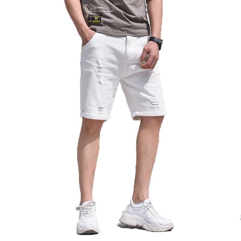 Men's Korean-style straight loose fit cotton denim shorts in black, five-point length, mid-waist, washed finish