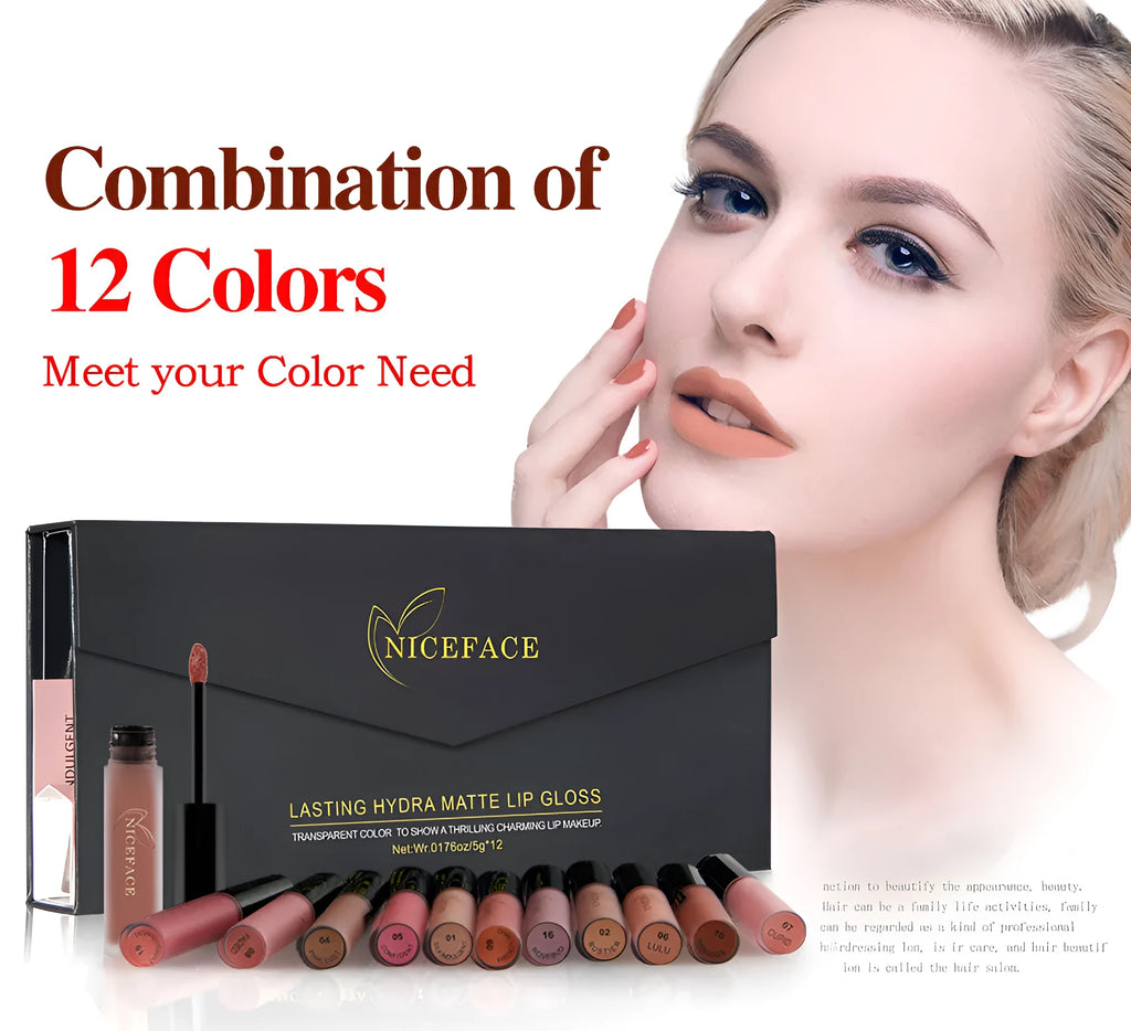12-colour lip gloss set with 12 different shades in a compact makeup kit