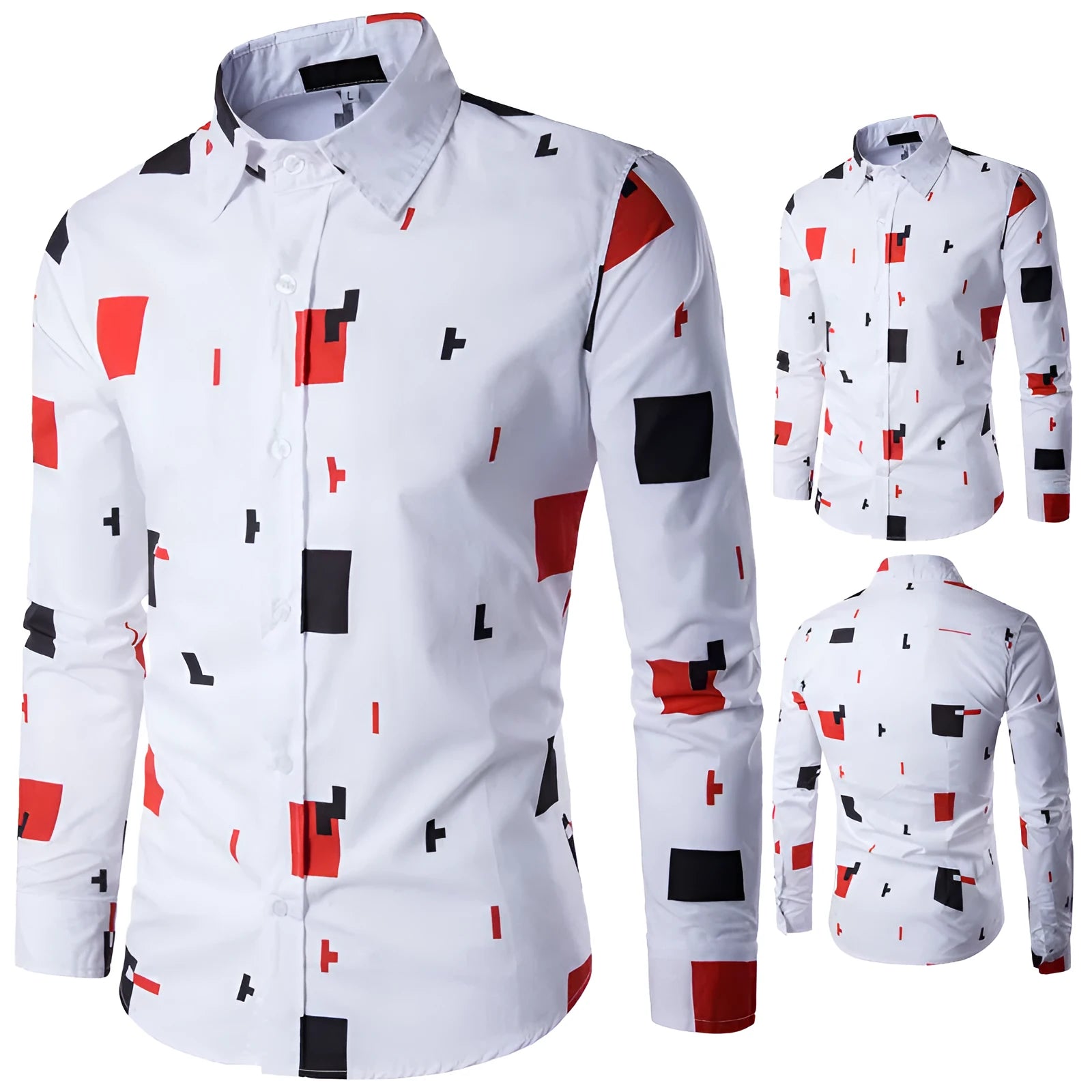 Mens white cotton casual long sleeve button-down shirt on plain background