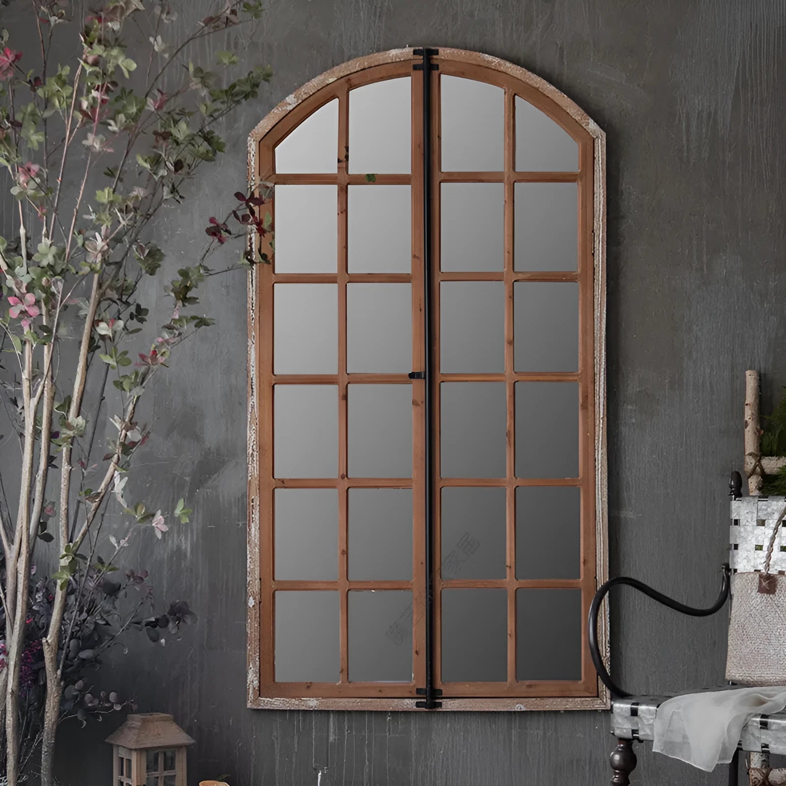 Distressed log-coloured wooden frame fake window wall mirror with single glass pane.